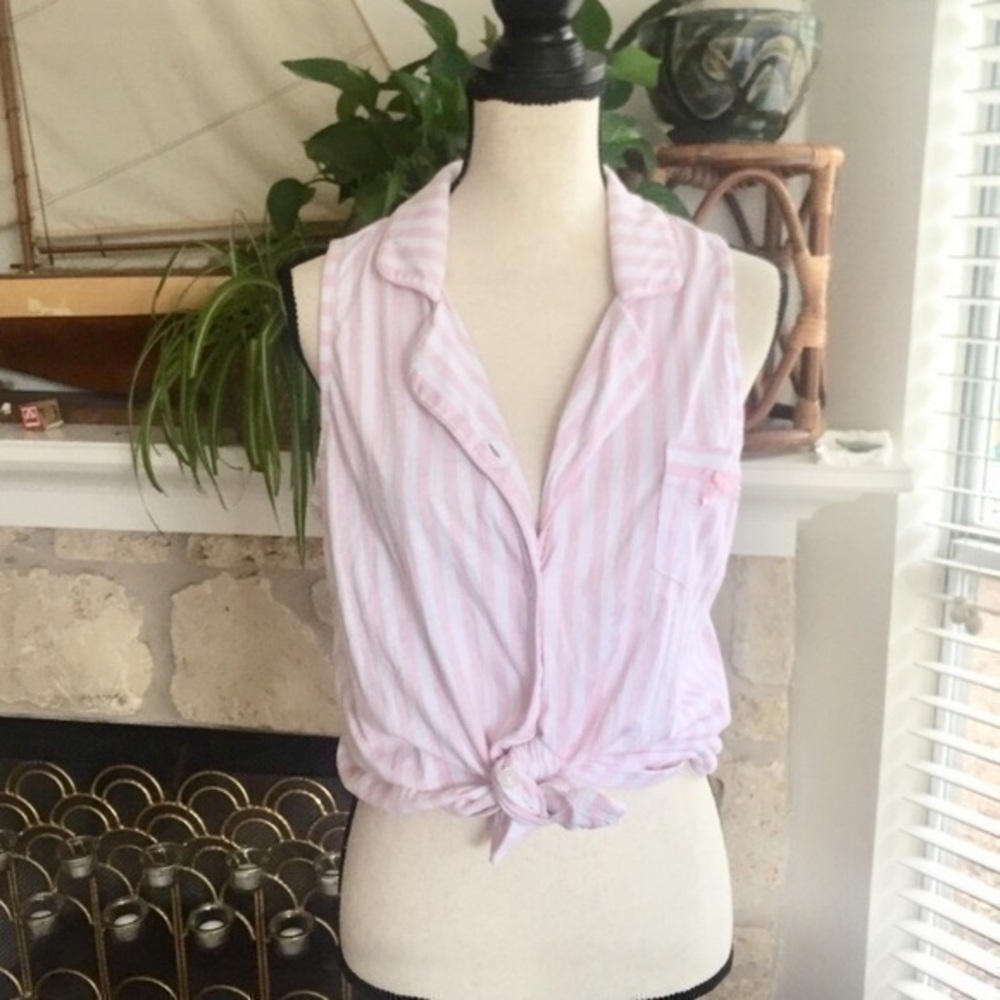 Vintage Laura Ashley baby pink stripe bow sleep pajama top size extra large
